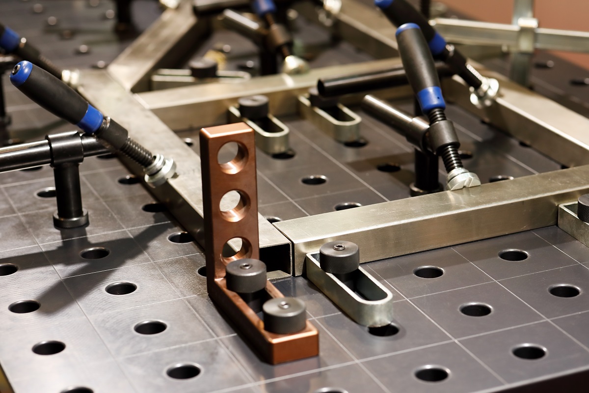 Welding,Platen,Table,With,Fixtures,And,Jig,Design.,Selective,Focus.